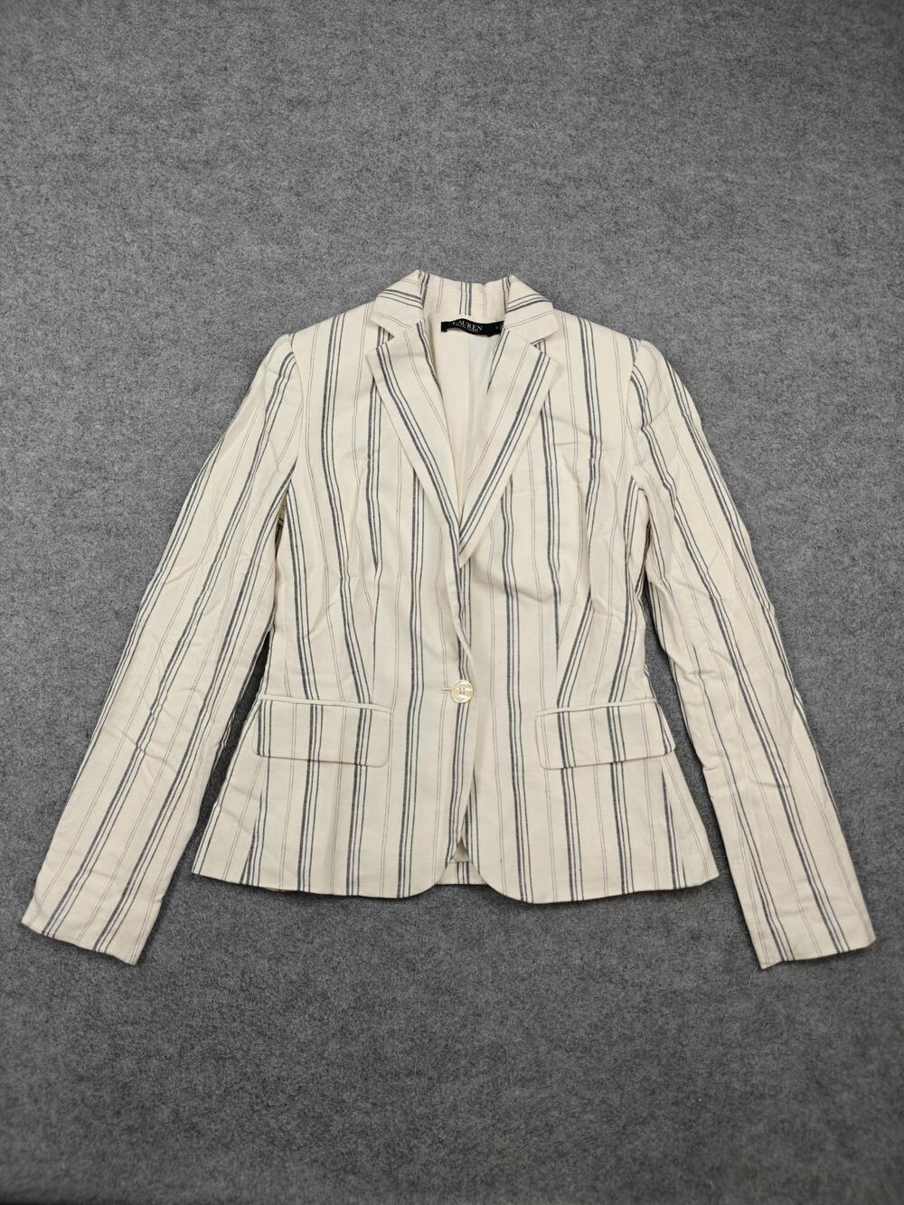 Lauren Ralph Lauren Blazer Womens 0 White Striped Slim Fit Lined Pockets